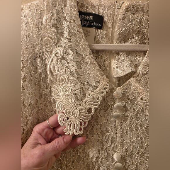 Vtg 80s Elegant Ivory Lace Button-Down Maxi Dress Sheer W/Slip Dress Bridal - Picture 3 of 15